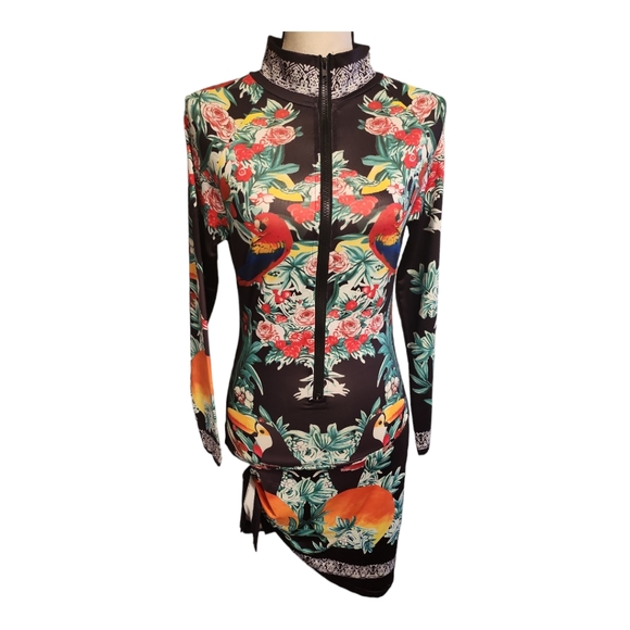 CBR Multicolor Black Front Zipper Tropical Print Knotted Irregular Mini Dress S - Picture 3 of 9